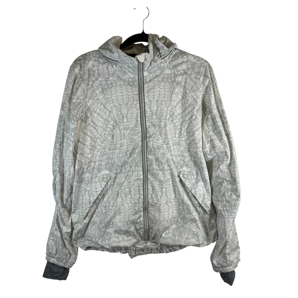 Lululemon Hooded Windbreaker Jacket White Grey Lace Print Full Zip Women Size 10